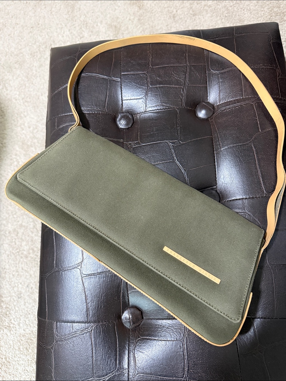 Vintage Francesco Biasia Olive Green Shoulder Bag with Tan Strap